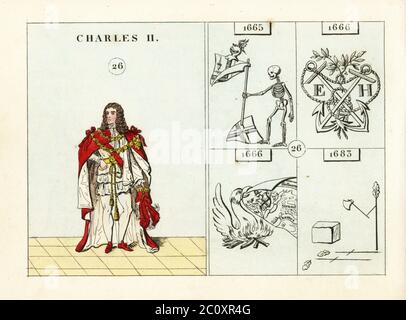 Porträt von König Karl II. Von England, in Mantel, Doppelhülle und Schlauch, mit Hut und Büroketten. Embleme zeigen die Pest von 1665, Krieg mit Holland, großes Feuer von London und Hinrichtung von Algernon Sidney und Lord William Russel. Handkolorierter Stahlstich nach einer Illustration von Mary Ann Rundall aus EINER symbolischen Geschichte Englands, von der Frühzeit bis zur Herrschaft von Wilhelm IV., J. H. Truchy, Paris, 1839. Mary Ann Rundall war Lehrerin junger Damen in Bath und veröffentlichte 1815 ihr Buch mit mnemonischen Emblemen. Stockfoto