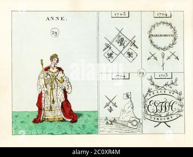 Porträt der Königin Anne von England, in Krone, Erdmantelkleid, weiß-goldenes Kleid, mit Reichsapfel und Zepter. Embleme zeigen den französischen Krieg, Siege von Marlborough, Sir George Rooke nimmt Gibraltar, und Frieden von Utrecht. Handkolorierter Stahlstich nach einer Illustration von Mary Ann Rundall aus EINER symbolischen Geschichte Englands, von der Frühzeit bis zur Herrschaft von Wilhelm IV., J. H. Truchy, Paris, 1839. Mary Ann Rundall war Lehrerin junger Damen in Bath und veröffentlichte 1815 ihr Buch mit mnemonischen Emblemen. Stockfoto