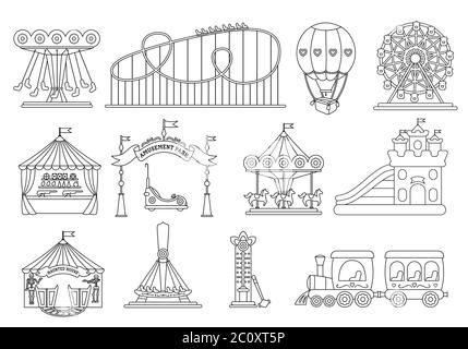 Freizeitpark schwarze Linie Silhouette gesetzt. Karussell Cartoon-Stil. Messegelände, Achterbahn, Karussell Pferd, Luftballon, Riesenrad Kind Spaß Zeit. Zirkus Festzelt Sommer Freizeit. Vektorgrafik Stock Vektor