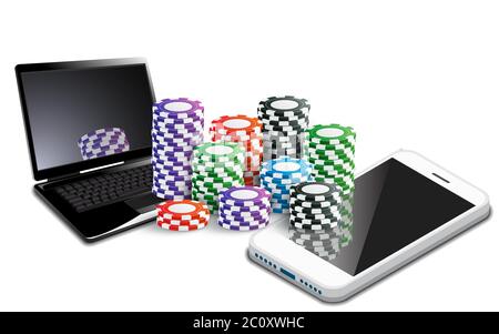 casino Chips mit Notebook und Handy auf dem weißen Hintergrund Stock Vektor