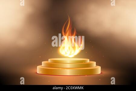 Goldenes Podium mit Feuer und Rauch auf der Bühne Stock Vektor
