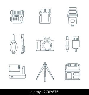 Dunkle Umrisse verschiedene digitale Fotografie Tools Symbole Stockfoto