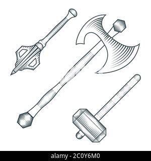 Mittelalterliche Axt warhammer Muskatengravur Stil Illustration Stockfoto