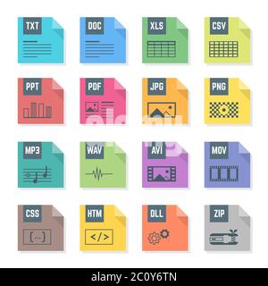Verschiedene Farbdatei flache Stil-Formate Symbole mit Illustrationen gesetzt Stockfoto