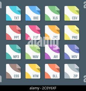 Verschiedene Farben flach Stil minimale Dateiformate Symbole eingestellt Stockfoto