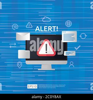 Achtung Warnung Angreifer Warnzeichen mit Ausrufezeichen auf Computer-Monitor-Bildschirm. Vorsicht Aufmerksamkeit des Internet Gefahr Symbol Symbol. Sicherheits-VPN Stock Vektor