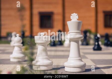 großen Schach auf einem Hintergrund von hölzernen Haus und Grass Feld Stockfoto