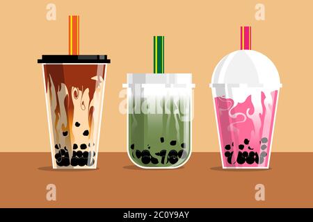 Bubble Milk Tea Set, Schokolade, Matcha grüner Tee und süßes rosa Aroma. Sehr berühmter Drink von Thailand, Taiwan und auf der ganzen Welt. Schwarze Gelee aus f Stock Vektor