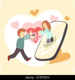 Zeichnung Vektor-Illustration von paar Liebhaber schließen zusammen mit dem Smartphone. Sie müssen sich in Sperrzeit oder Quarantäne über soziale Medien kuscheln. Stock Vektor