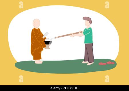 Ein Mann bietet Nahrung für buddhistische Mönch. Lustiges Konzept für soziale Distanzierung in Pandemie. Ein Mann binden eine Pfanne mit langen Stock, um einen Mönch Nahrung in Almosen-b geben Stock Vektor
