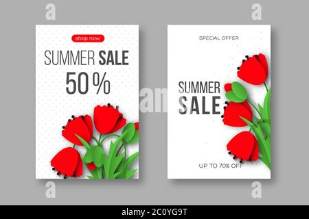Sommer-Sale-Banner mit Papier geschnitten roten Mohnblumen und gepunkteten Muster. Weißer Hintergrund - Vorlage für saisonale Rabatte, Vektor-Illustration. Stock Vektor