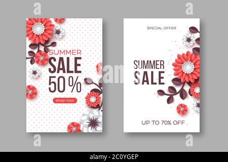 Sommer-Sale-Banner mit Papier geschnitten Blume und gepunktete Muster. Vorlage für saisonale Rabatte. Weißer Hintergrund, Vektorgrafik. Stock Vektor