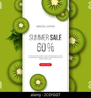 Sommer-Sale-Banner mit geschnittenen Kiwi-Stücke, Blätter und gepunkteten Muster. Grüner Hintergrund - Vorlage für saisonale Rabatte, Vektor-Illustration. Stock Vektor