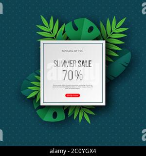 Sommer-Sale-Banner mit exotischen Dschungel tropischen Palmblättern. Dunkeltürkis gepunkteter Hintergrund - Vorlage für saisonale Rabatte, Vektor-Illustration. Stock Vektor