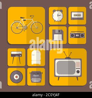 Retro flache Symbole in orange Farbe. Vektorgrafik. Stock Vektor