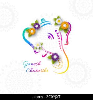 Urlaubsgestaltung für traditionelles indisches Festival von Ganesh Chaturthi. Handgezeichnete Illustration mit Papier geschnitten Stil Blumen. Grunge rangoli weiß Stock Vektor