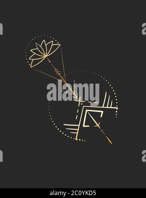 Geometrisches Tattoo Design, Gold mystischer Pfeil mit Lotus Stock Vektor