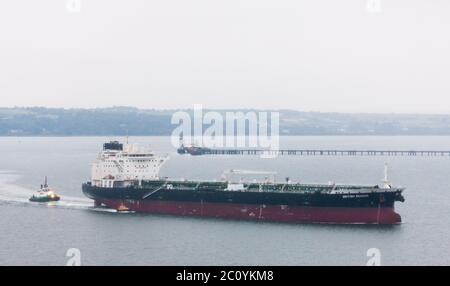 Whitegate, Cork, Irland. Juni 2020. Öltanker British Reason verlässt den Hafen an einem nebligen Morgen, unterstützt von Schlepper DSG Alex und Pilotboot Failte nach der Entsorgung ihrer Ladung von West Texas Intermediate Rohöl in der Whitegate Ölraffinerie in Co. Cork, Irland. - Credit; David Creedon / Alamy Live News Stockfoto