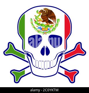 Totenkopf und Kreuzknochen mit der Mexiko-Flagge mit dem aufgehenden Sonnenzeichen auf weißem Hintergrund Stock Vektor