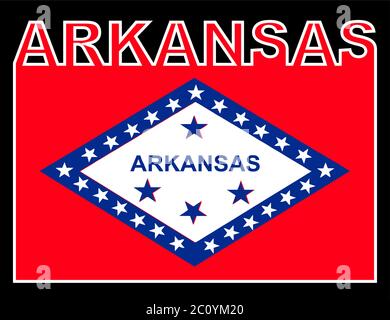 Arkansas Tate Text in Silhouette über der Staatsflagge gesetzt Stock Vektor