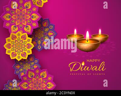 Diwali Festival Urlaub Design mit Papier geschnitten Stil der indischen Rangoli und diya - Öllampe. Lila Hintergrund, Vektor-Illustration. Stock Vektor