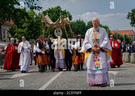 Lowicz, Polen - 11 2020. Juni: Ein nicht identifiziertes polnisches Volk trägt traditionelle Volkskostüm Lowicz, während der Fronleichnamsprozession Stockfoto