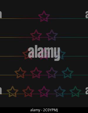 Kontinuierliche Linienzeichnung von fünf Sternen Kundenbewertung Icon Set, Rainbow lebendige Farben auf schwarzem Hintergrund Vektor minimalistisches lineares ILL Stock Vektor