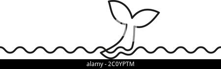 Kontinuierliche Linienzeichnung von Fischschwanz im Meer, Schwarz-Weiß-Vektor minimalistische Illustration aus einer Linie Stock Vektor
