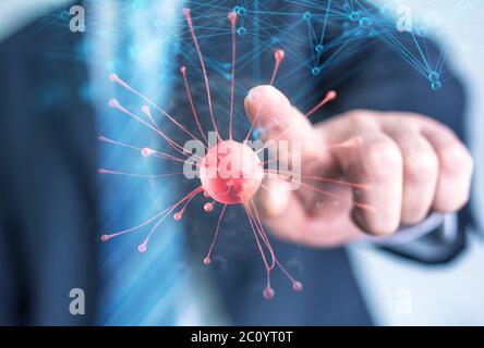 Den Finger des Geschäftsmann berührt rot Neuron auf dem Bildschirm Stockfoto