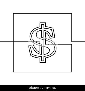 Kontinuierliche Linie Zeichnung des Dollar-Zeichen in quadratischen Rahmen, Schwarz-Weiß-Vektor minimalistische Illustration Stock Vektor