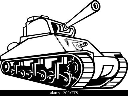 MASCOT Icon Illustration eines M4 Sherman, der am häufigsten verwendete mittlere Panzer von den Vereinigten Staaten und westlichen Alliierten im Zweiten Weltkrieg aus einem niedrigen betrachtet Stock Vektor