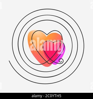 Zwei Herzen in Spirale, kontinuierliche Linienzeichnung mit flüssigen Farbverlauf, Vektor minimalistische Illustration der Liebe Konzept Stock Vektor