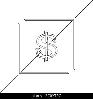 Kontinuierliche Linie Zeichnung des Dollar-Zeichen in quadratischen Rahmen, Schwarz-Weiß-Vektor minimalistische Illustration Stock Vektor