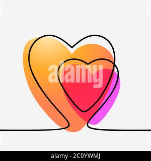 Zwei Herzen kontinuierliche Linie Zeichnung mit flüssigen Gradienten, Vektor minimalistische Illustration der Liebe Konzept Stock Vektor