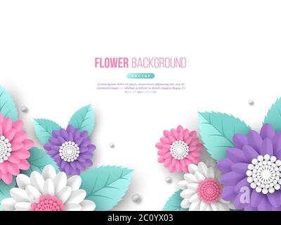 Papier geschnitten 3d Blumen Banner in rosa, weiß und violett Farben. Für Text platzieren. Dekorative Elemente für Urlaubsgestaltung, Vektorgrafik. Stock Vektor