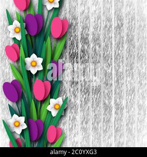 Papier geschnitten Frühlingsblumen Tulpe und Narzisse. Vorlage für Grußkarte, Holzhintergrund. Papierkunst. Vektorgrafik. Stock Vektor