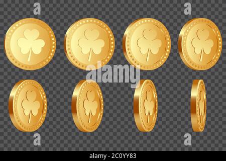 Set von 3d-drei-Blatt-Kleeblatt-Münzen. Stock Vektor