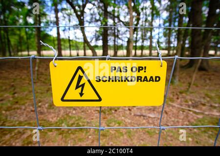 Stehlen Sie elektrische Sicherheitszaun mit gelben Warnschild in Niederländisch geschrieben Stockfoto