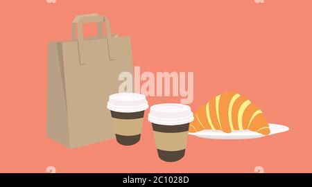 Vektor isoliert Illustration eines Kaffee Take Away Set, mit einem Papierbeutel, zwei Pappkaffeetassen und einem Croissant Stock Vektor