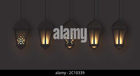 3d arabische Laternen mit leuchtenden Lichtern. Stock Vektor