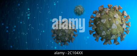 Banner mit dem Covid-19 Coronavirus Molekül, ein Virus, das akute Infektionen der Atemwege und häufige Erkältungen verursacht, SARS-CoV - 2 Moleküle. 3D-Rendering Stockfoto