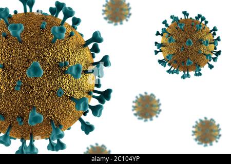 Covid-19 Coronavirus-Moleküle auf weißem Hintergrund. 3D-Visualisierung, 3D-Illustration Stockfoto