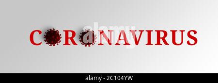 Banner mit dem Wort Coronavirus und Covid-19-Virusmolekülen. Das Virus ist rot mit einem Schatten auf weißem Hintergrund. 3D-Rendering, 3d-Illustration Stockfoto