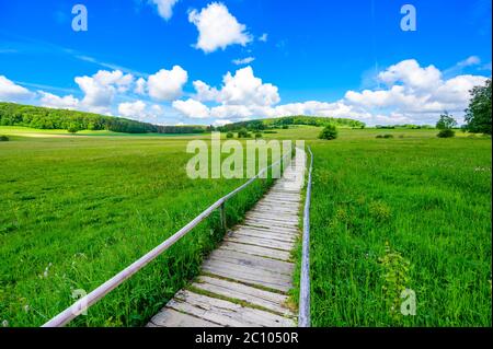 Schopflocher Moor (Torfgrube) bei Lenningen, Schwäbische Alb, wunderschöne Landschaft in Deutschland. Reiseziel. Stockfoto