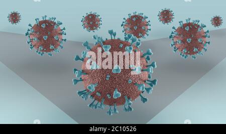 Covid-19 Coronavirus-Moleküle greifen an. Blauer Hintergrund mit einem Schatten des Virus. 3D-Visualisierung, 3D-Illustration Stockfoto