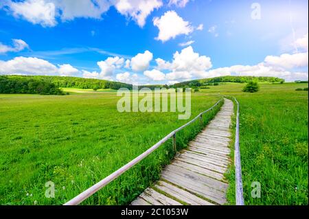 Schopflocher Moor (Torfgrube) bei Lenningen, Schwäbische Alb, wunderschöne Landschaft in Deutschland. Reiseziel. Stockfoto