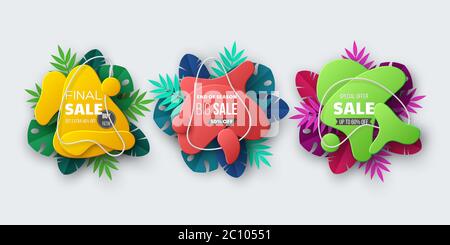 Sommer-Sale-Banner mit tropischen Palmblättern. Stock Vektor