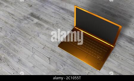 Ein goldener Laptop auf einem leeren grauen Holztisch. Die Aussicht von oben. 3D-Rendering Stockfoto