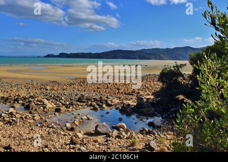 Herrliche Tinline Bay in Neuseeland mit Reiter am Strand Stockfoto