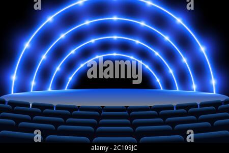 Blaues Neonlicht auf der Bühne mit Stuhl in der Halle Stock Vektor